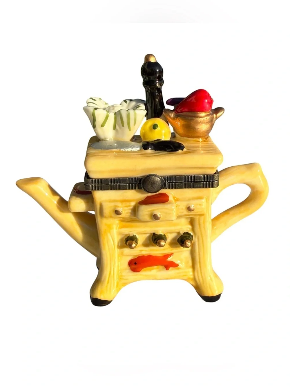 Vintage Whimsical Stove Teapot Trinket Box Porcelain Hinged Jewelry Keepsake 4”